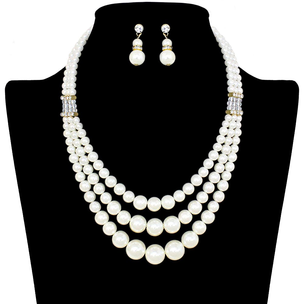 Multi Row Pearl Necklace Earring Set