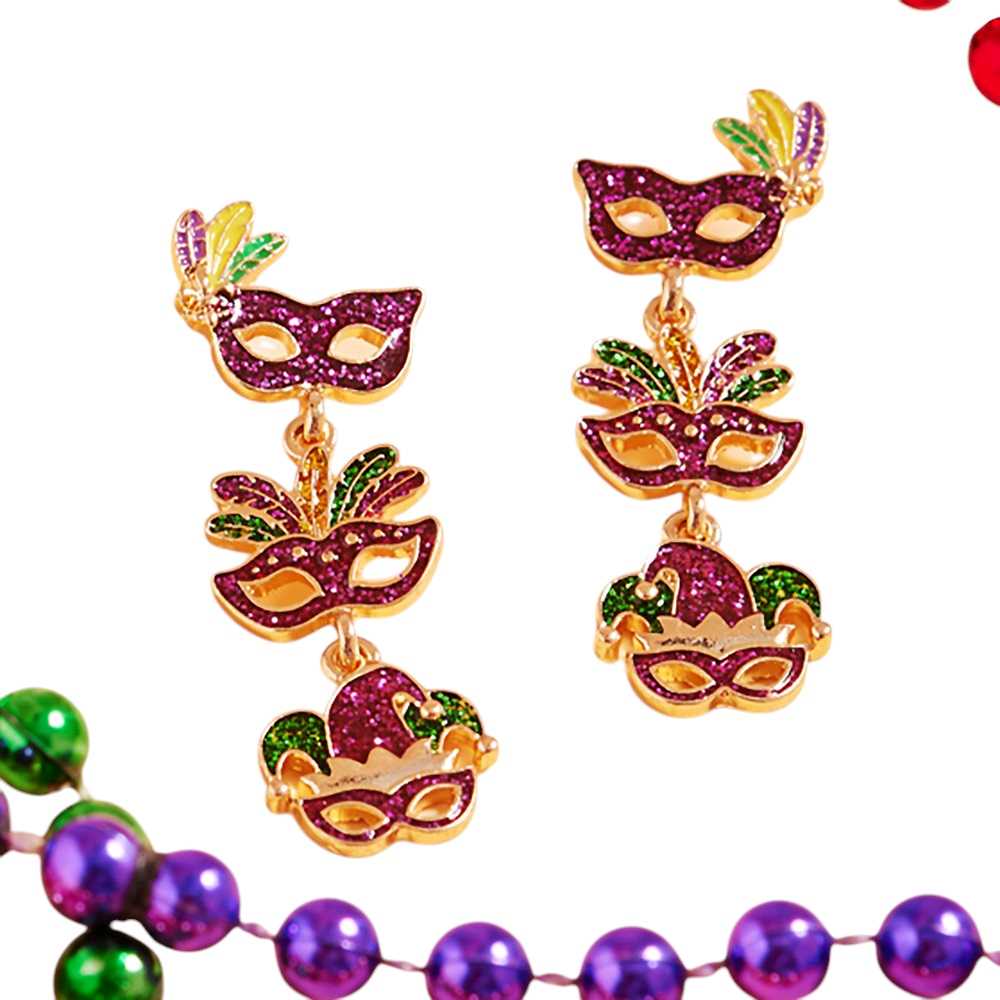 Women's Glittered Enamel Mardi Gras Mask Link Dropdown Dangle Earrings