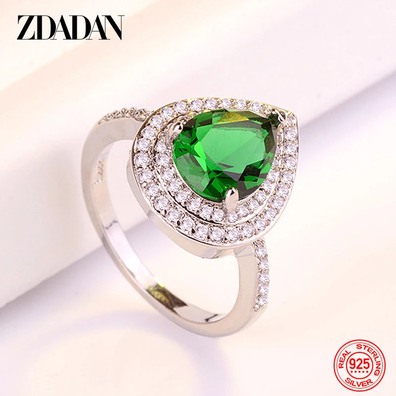 ZDADAN 925 Sterling Silver Water Drop Zircon Ring For Women Fashion Jewelry Gift