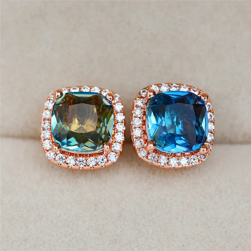Luxury Female Square Blue Stone Earrings Cute Zircon Double Wedding Jewelry Simple Silver Color Stud Earrings For Women