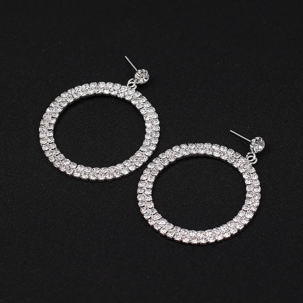 TREAZY Simple Designed Silver Plated Rhinestone Crystal Drop Earrings for Women Bride Circle Dangle Earrings Wedding Jewelry