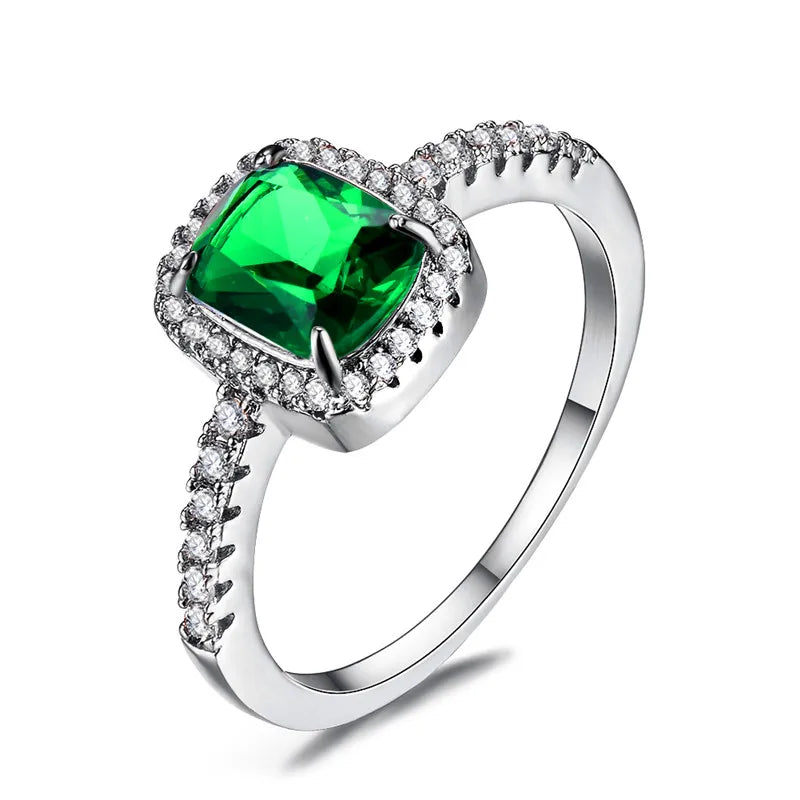 Luxury Female Girl Big Crystal CZ Stone Ring Silver Color White Blue Purple Green Wedding Rings For Women