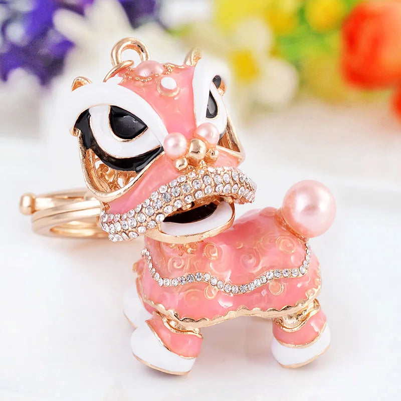 EASYA Chinese Lion Dance Chinatown GIFTS Rotatable Car Keychain Crystal Lucky Mascot Key Chain Ring Souvenir