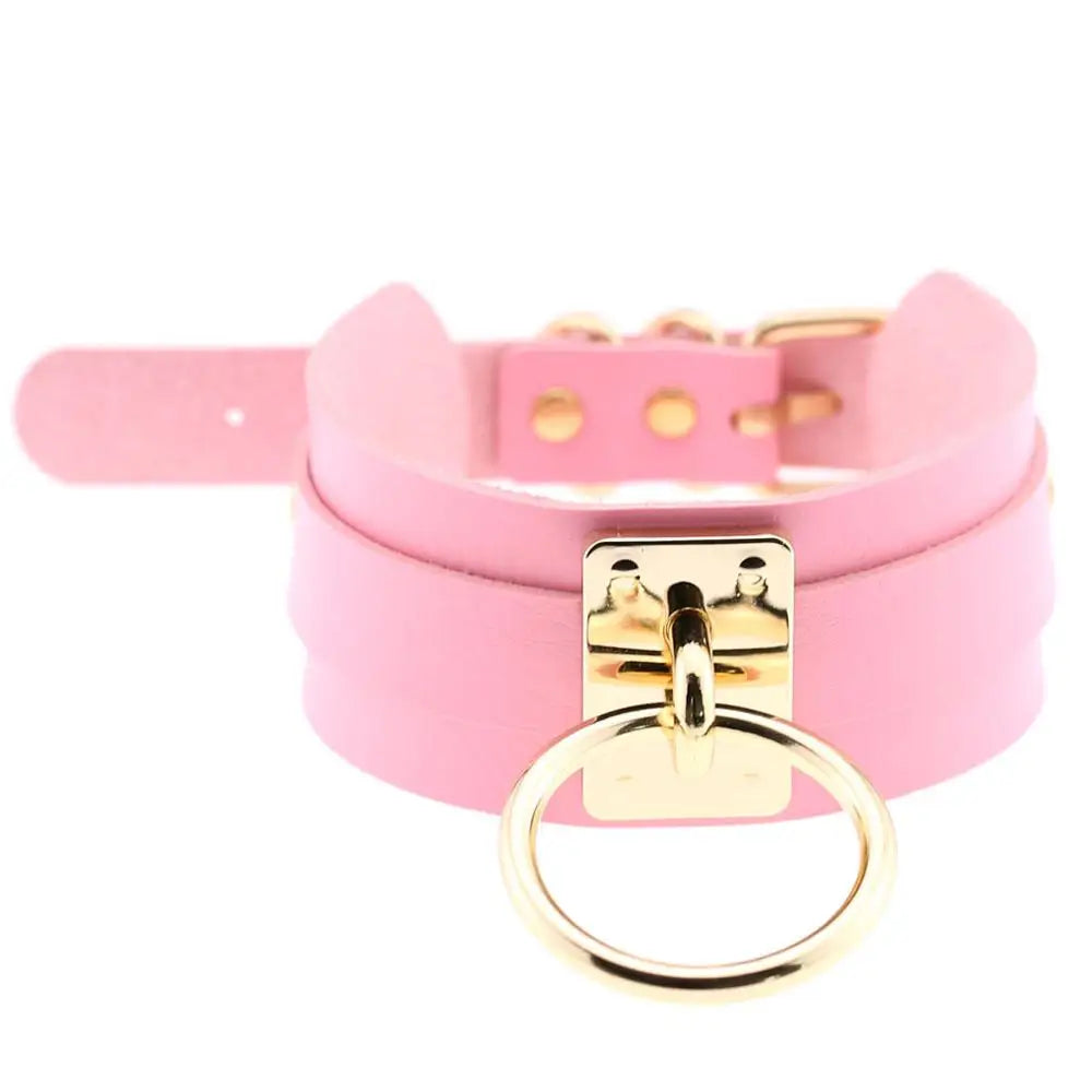 KMVEXO Women Men Cool Handmade Oversize Choker Necklace Fetish O Round Metal Gold Color Leather Collar Bondage Harness Necklaces