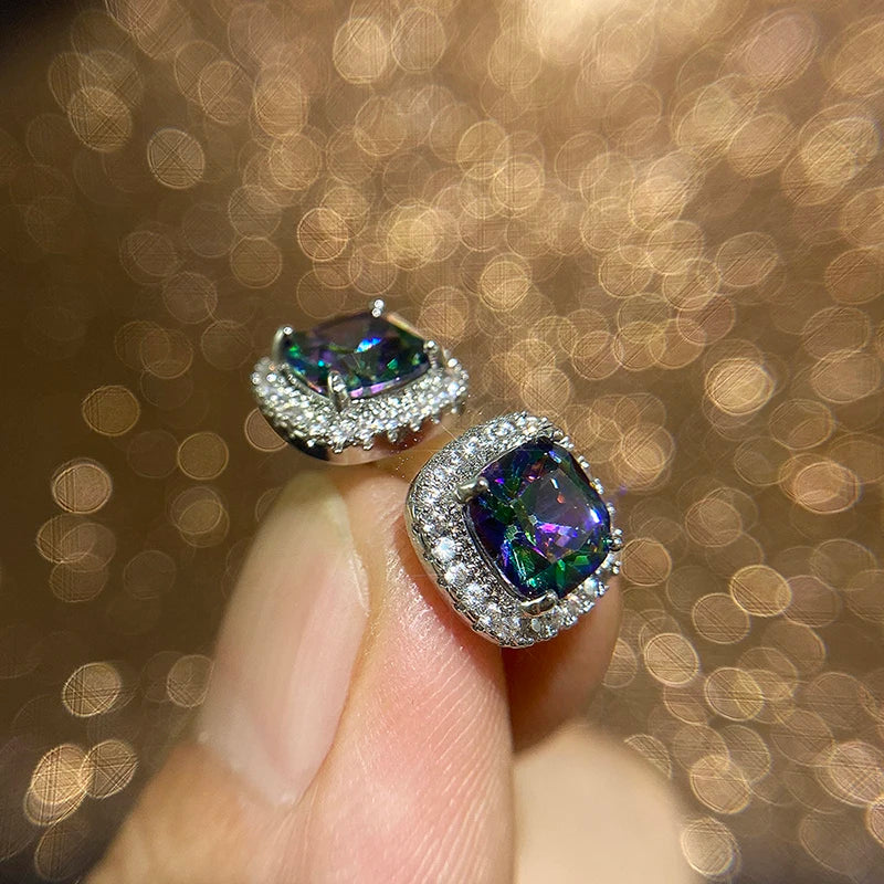 Huitan Luxury Cubic Zirconia Stud Earrings Female Silver Color Fashion Jewelry for Women 2021 Trend Versatile Accessories