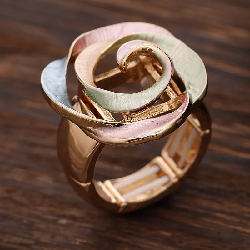 new color painting oil geometric hollow rose elastic ring, fashionable versatile women's alloy ring