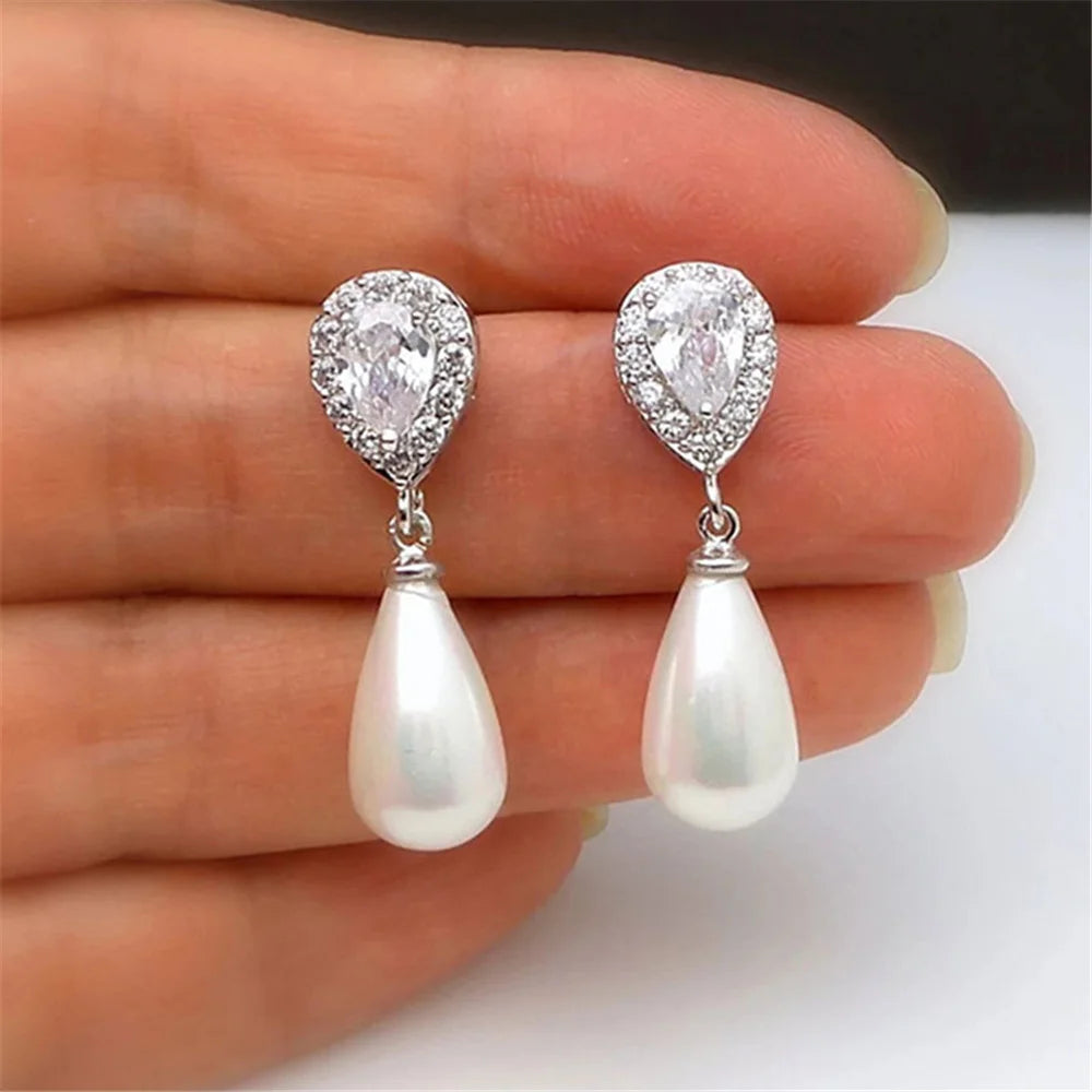 Charm Female White Crystal Drop Earrings Cute Pearl Trendy Bridal Wedding Jewelry For Women