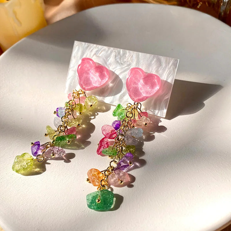 Multicolor Crystal Heart Earrings For Women Fashion Colorful Zircon Long Tassel Dangle Earrings Girls Party Daily Jewelry Gifts
