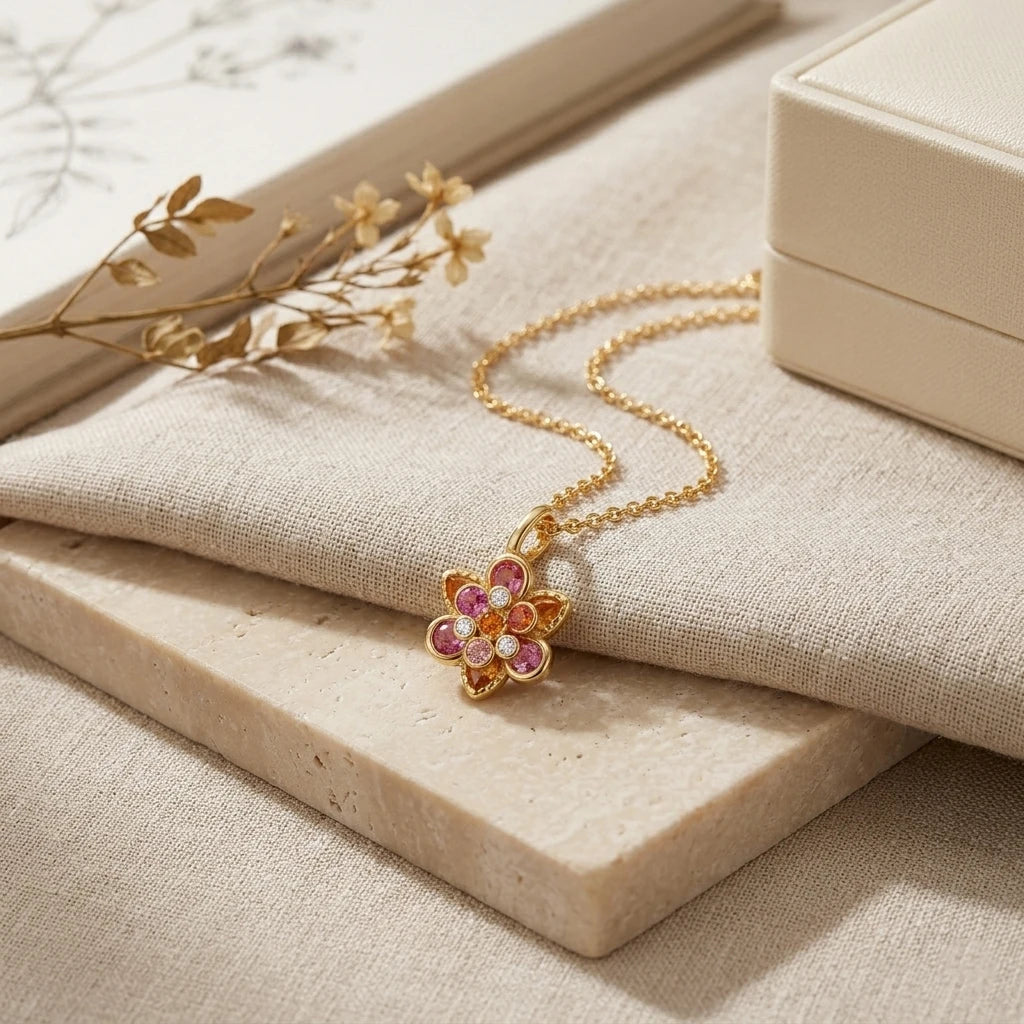 Ladies Gold Plated Floral Pendant Necklace with Multi-Color Cubic Zirconia Elegant Jewelry for Daily Commute Parties Gifts