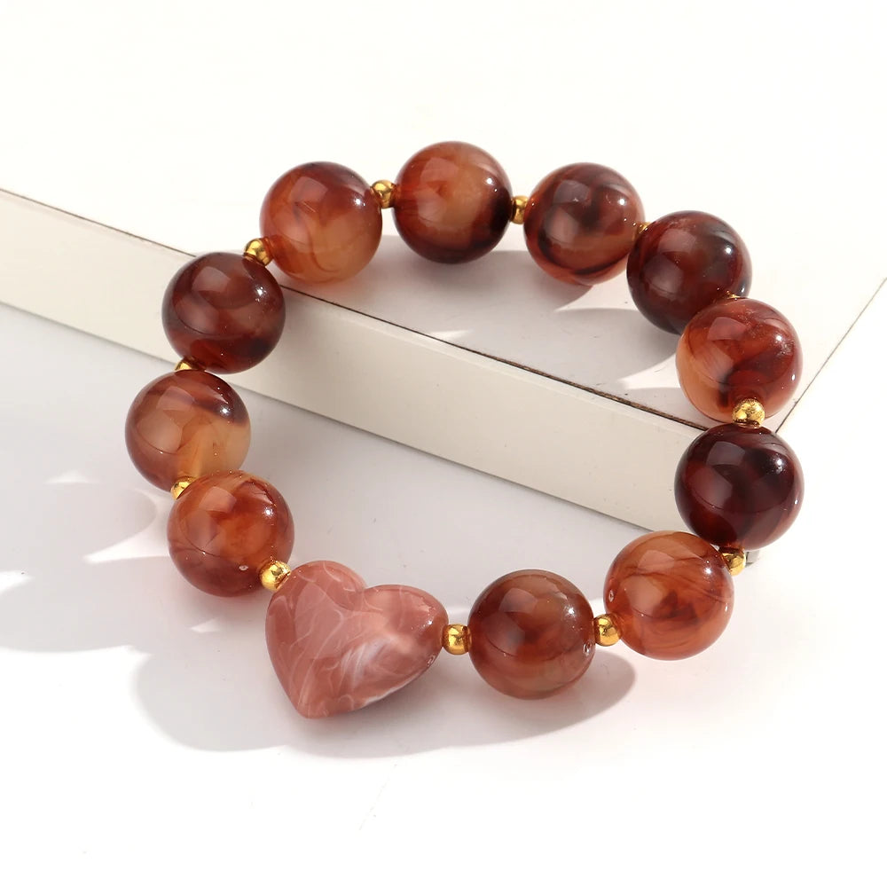 Trendy Acrylic Round Heart Beads Elastic Bangle Bracelets Resin Colorful Geometric Beaded Stretch Bracelet Women Charm Jewelry