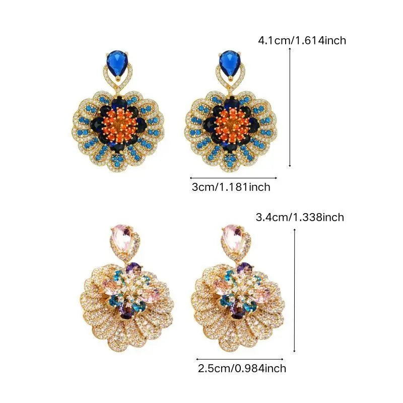 Fashionable zircon blue flower earrings, French style light luxury high-end earrings, elegant temperament, personalized earrings