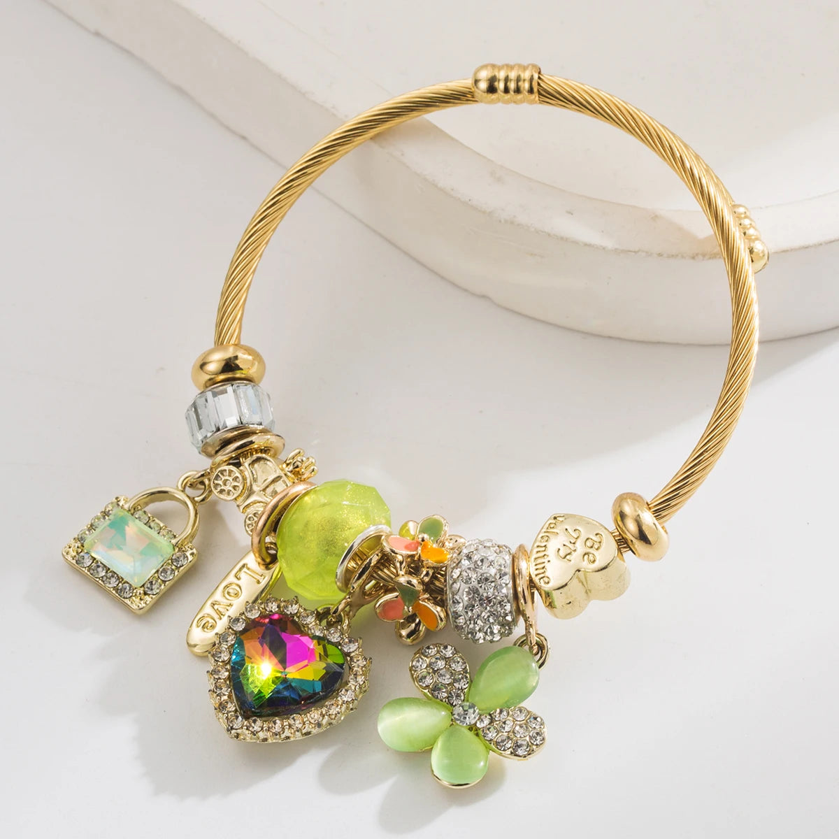 Cross border Hot Selling Panjia Stainless Steel Bracelet, Fashionable And Sweet Lock Heart Heart-Shaped Flower Pendant, High-End