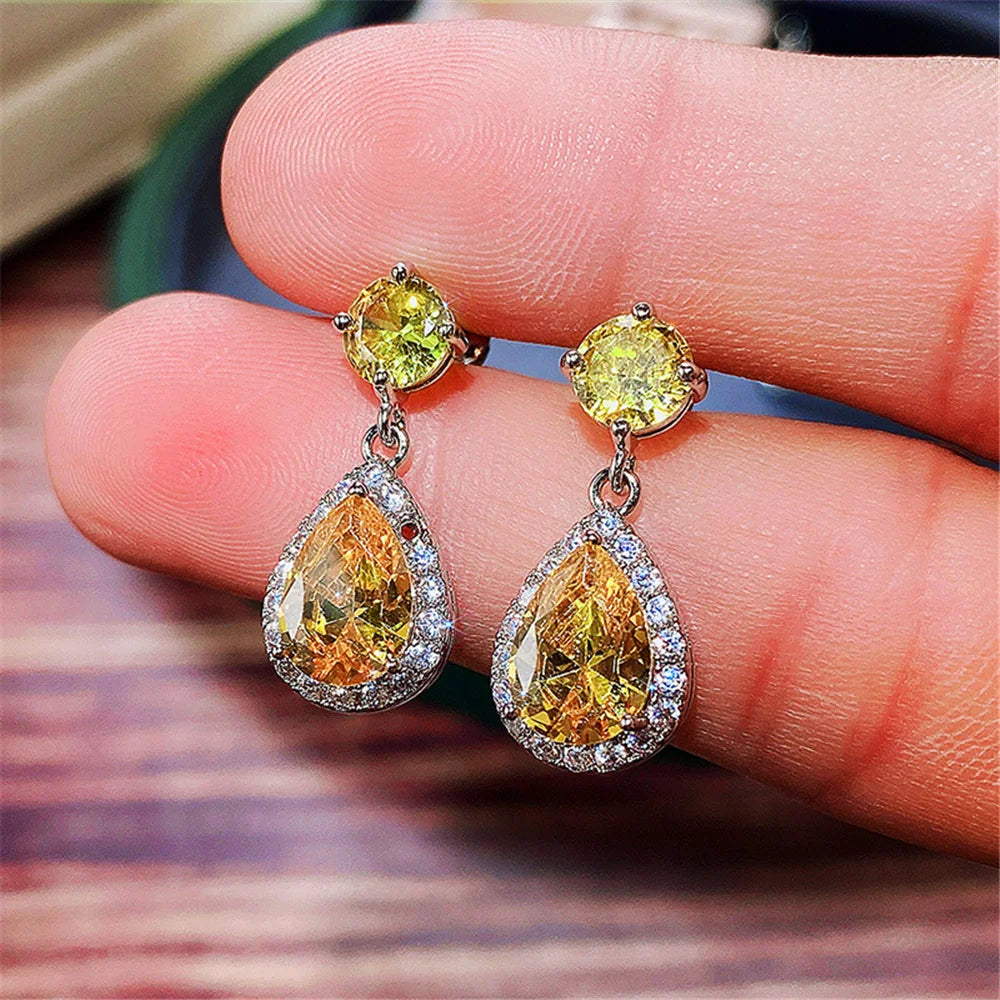 Luxury Female Blue Yellow White Zircon Stone Drop Dangle Earrings Cute Silver Color Party Jewelry For Women