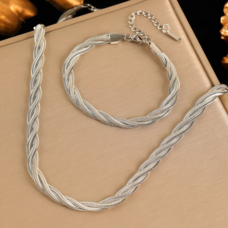 EILIECK 316L Stainless Steel Metal Cross Woven Chain Necklace Bracelet Set For Women Fashion Statement Waterproof Jewelry Gift