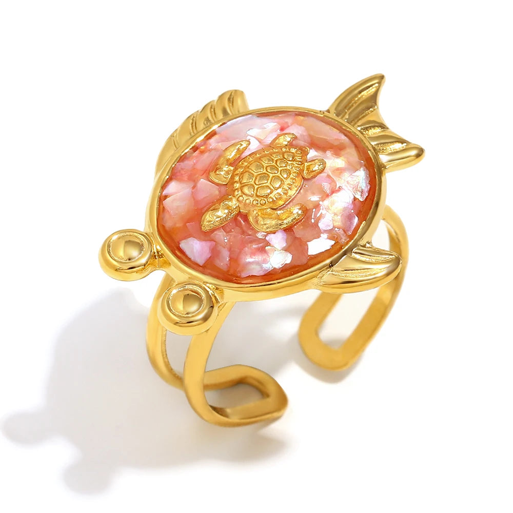 E.B.belle New Design Summer Women Cute Colorful Turtle Open Ring PVD Plated Stainless Steel Unique Holiday Party Jewelry