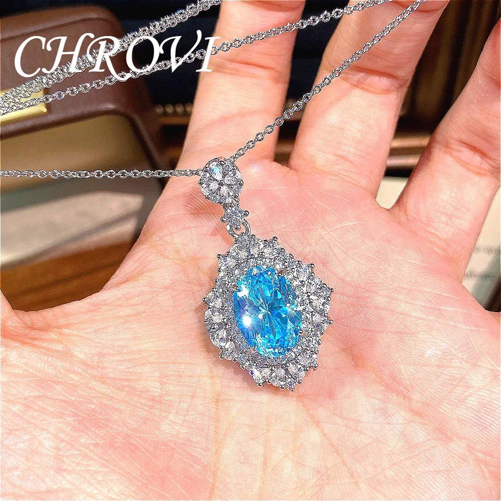 Luxury-Style 925 Sterling Silver Round Ice Flower Necklace for Women - High-Class Elegant Elliptical Full Diamond Collar Chain