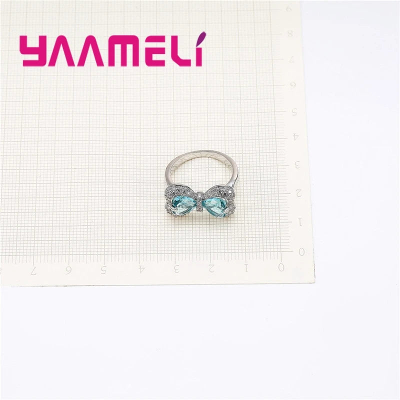 Popular Sweet Bowknot Shape Shininy Crystals 925 Sterling Silver Color Finger Rings For Girls Best Gifts Trendy Bague Jewelry