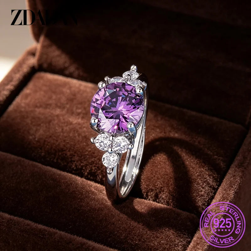 ZDADAN 925 Sterling Silver Round Amethyst Open Adjustable Rings For Women Fashion Jewelry