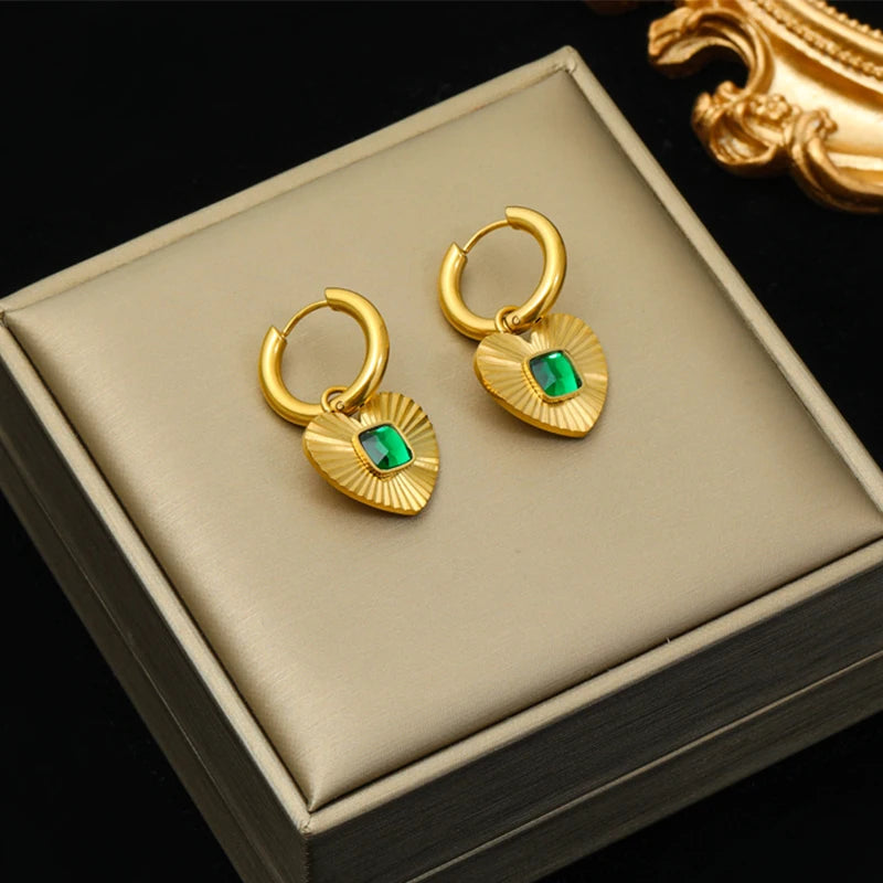 EILIECK 316L Stainless Steel Heart Love Green Crystal Pendant Necklace Earrings for Women Fashion Punk Jewelry Set Gift Party