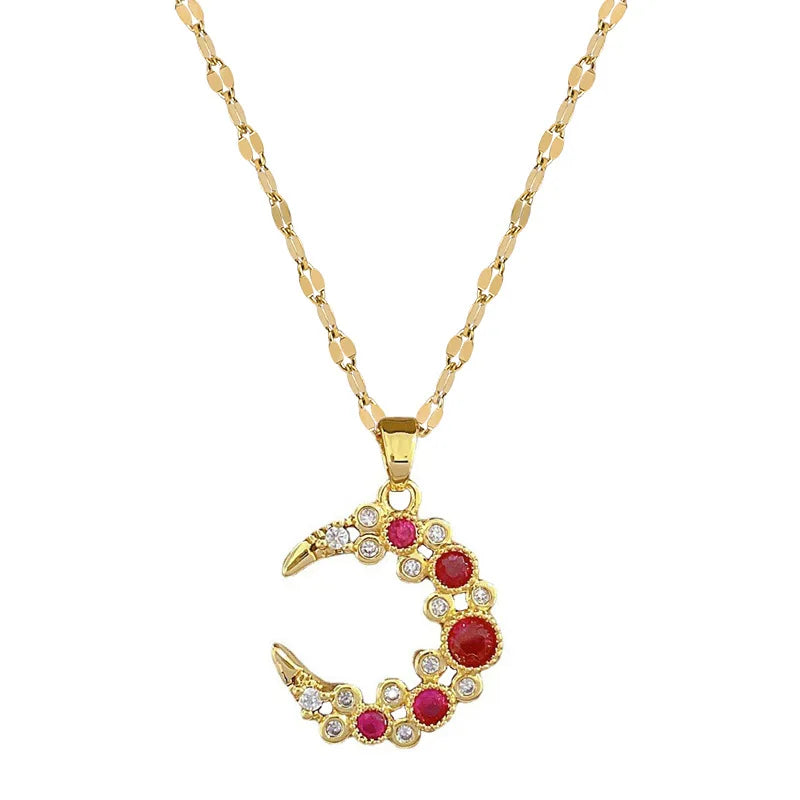 316L Stainless Steel Bending Moon Pendant Necklace For Women Girl New Trend Gold Color Crystal Neck Chain Jewelry Gift
