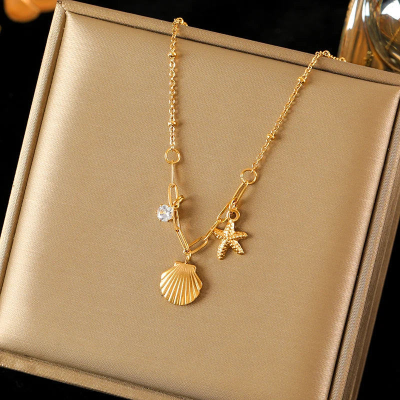 EILIECK 316L Stainless Steel Pearl Shell Starfish Sun Charm Necklace For Women Ocean Style Gold Plated Handmade Holiday Jewelry