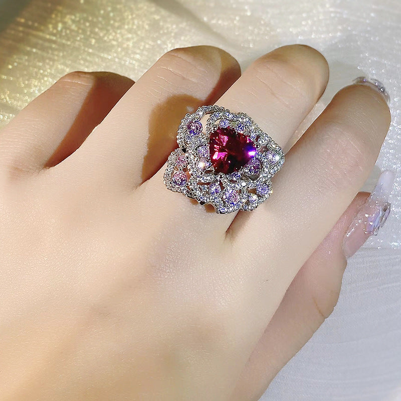 925 Silver High Carbon Diamond Color Ice Flower Cut Open Flower Ring Ladies Birthday Cocktail Party Jewelry Gift Wholesale