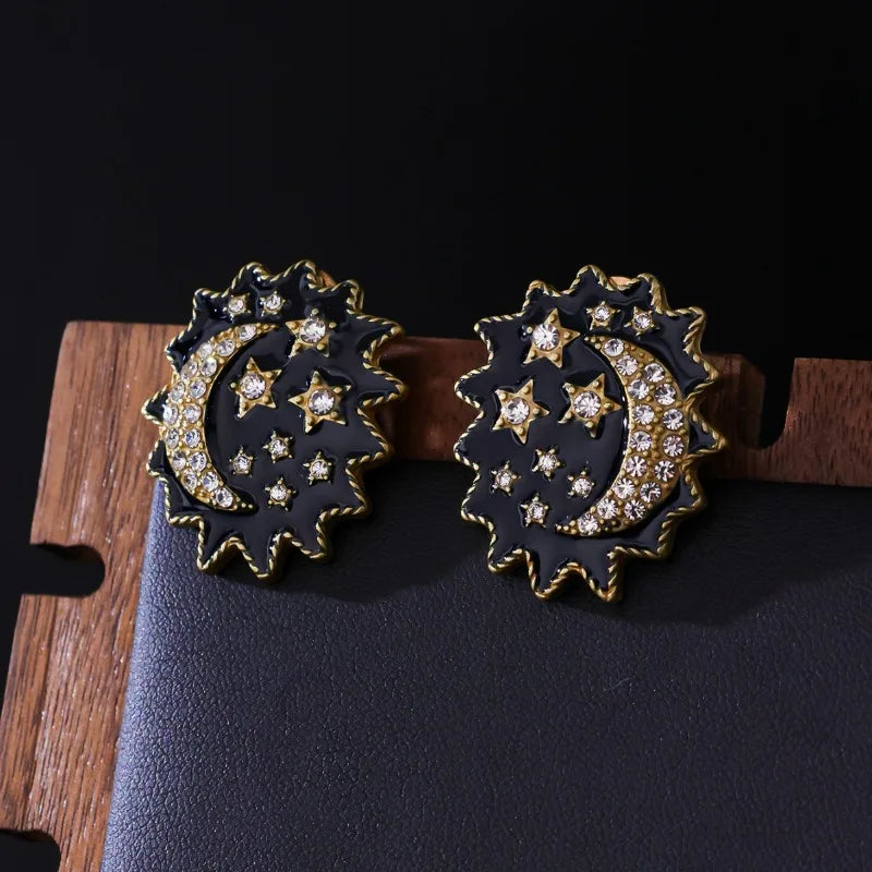 NISHIZAWA Stars Moon Earrings for Women Vintage Court Style Elegant Fashion Jewelry Rhinestones Black Aretes De Mujer