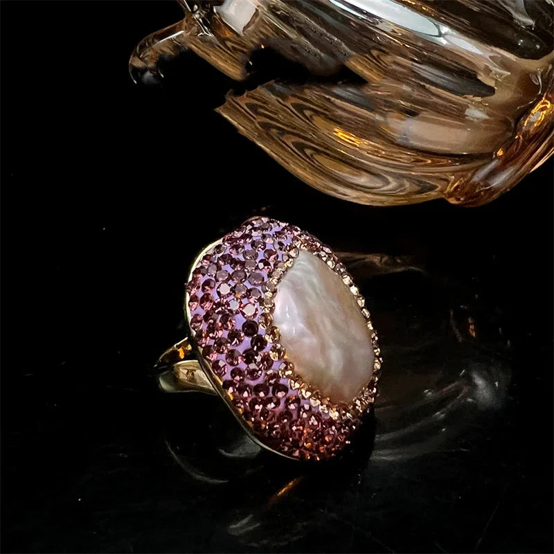 Raw Amethyst Quartz Baroque Freshwater Pearl Bracelet Ring Dotted with Rhinestone Amethyst Original Crysta Love Guardian Jewelry