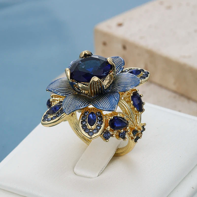 Luxury Blue Red Cubic Zirconia Floral Statement Ring Two-Tone Color Ring Elegant Cocktail Ring For Women Party Wedding Jewelry