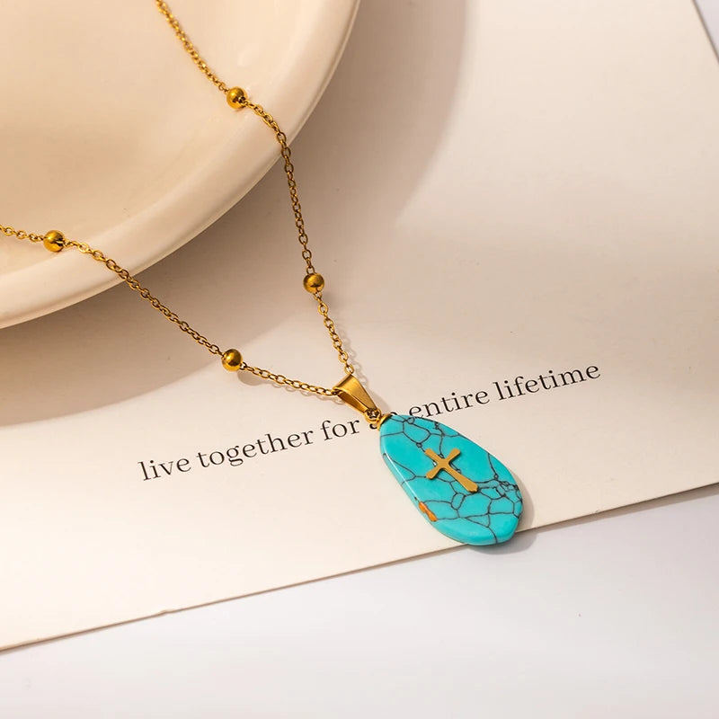 ANENJERY 316L Stainless Steel Geometry Stone Star Sun Cross Necklace For Women Vintage Fashion Niche Lady Jewelry Gift Wholesale