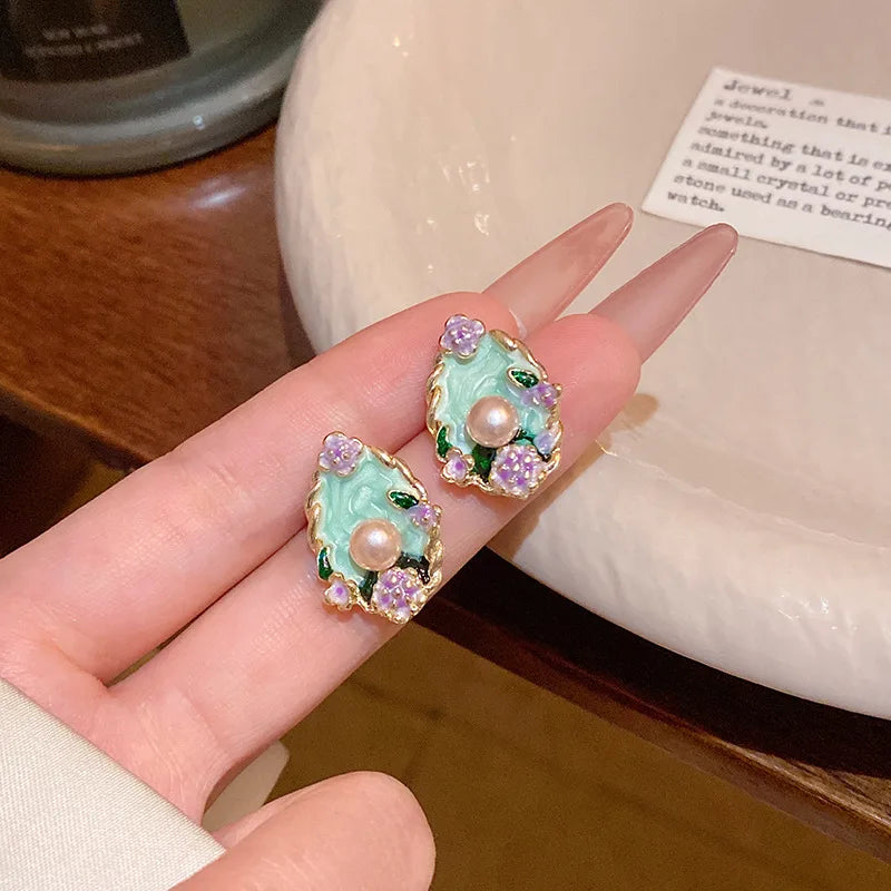 French Vintage Enamel Garden Pearl Earrings For Women Elegant Fashion Oil Drop Flower Stud Earrings Office Party Jewelry Gift