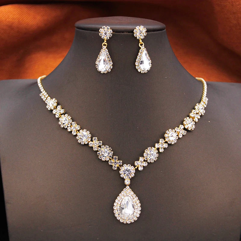 Women's Rhinestone Water Drop Bridal Jewelry Set Birthday Prom Purple Choker Necklace Earrings Wedding Bride Accessory Fashion