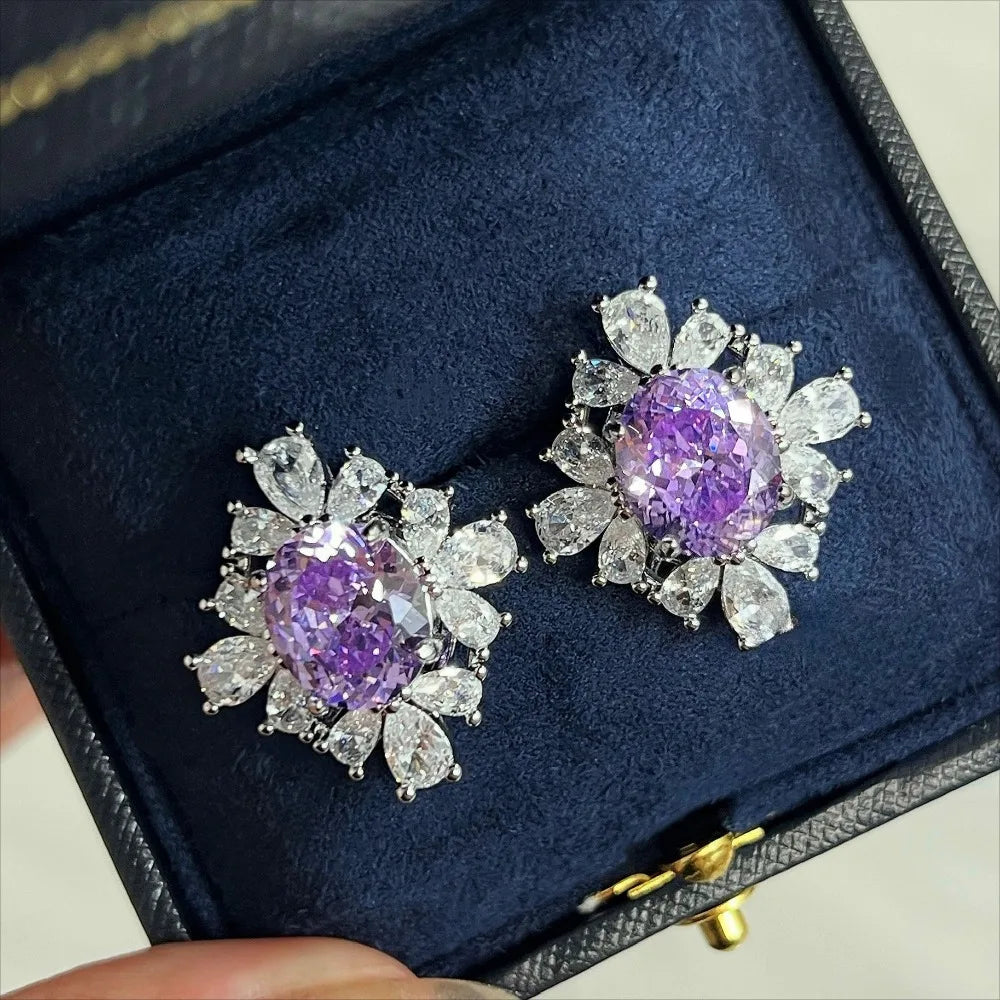 925 Sterling Silver Bright Bird's Nest Cut High Carbon Diamond Violet Flower Jewelry Set Elegant Jewelry