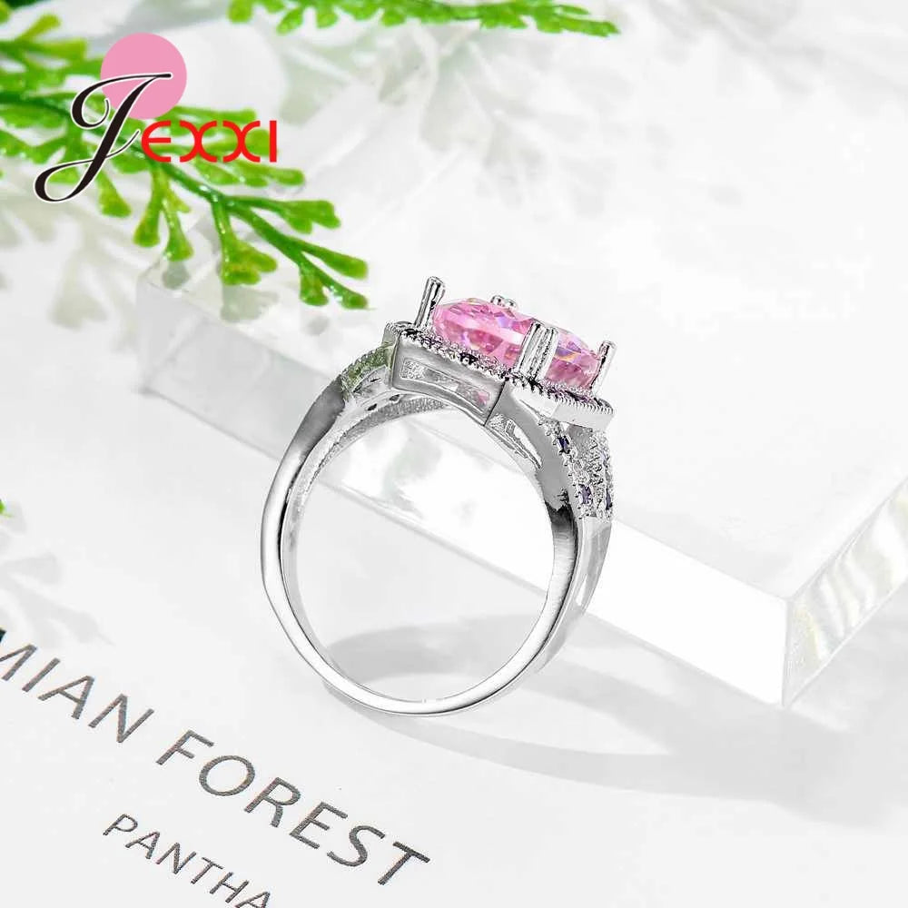 Trendy Colorful Zircon With Big Light Pink Crystal Paved AAA CZ Stones Wedding 925 Sterling Silver Color Rings For Women Part