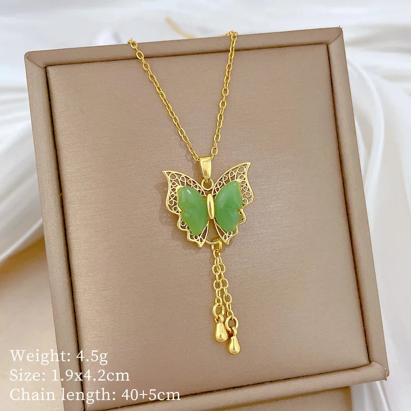 Exquisite Micro Inlaid Zircon Butterfly Tassel Necklace For Women Stainless Steel Moon Butterfly Flower Clavicle Choker Jewelry