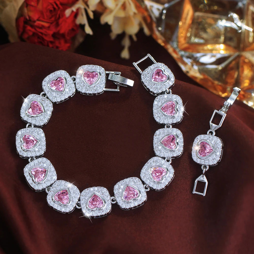ThreeGraces Luxury Brilliant Pink Heart Zirconia Bridal Wedding Evening Party Geometric Link Chain Bracelet for Women BR474