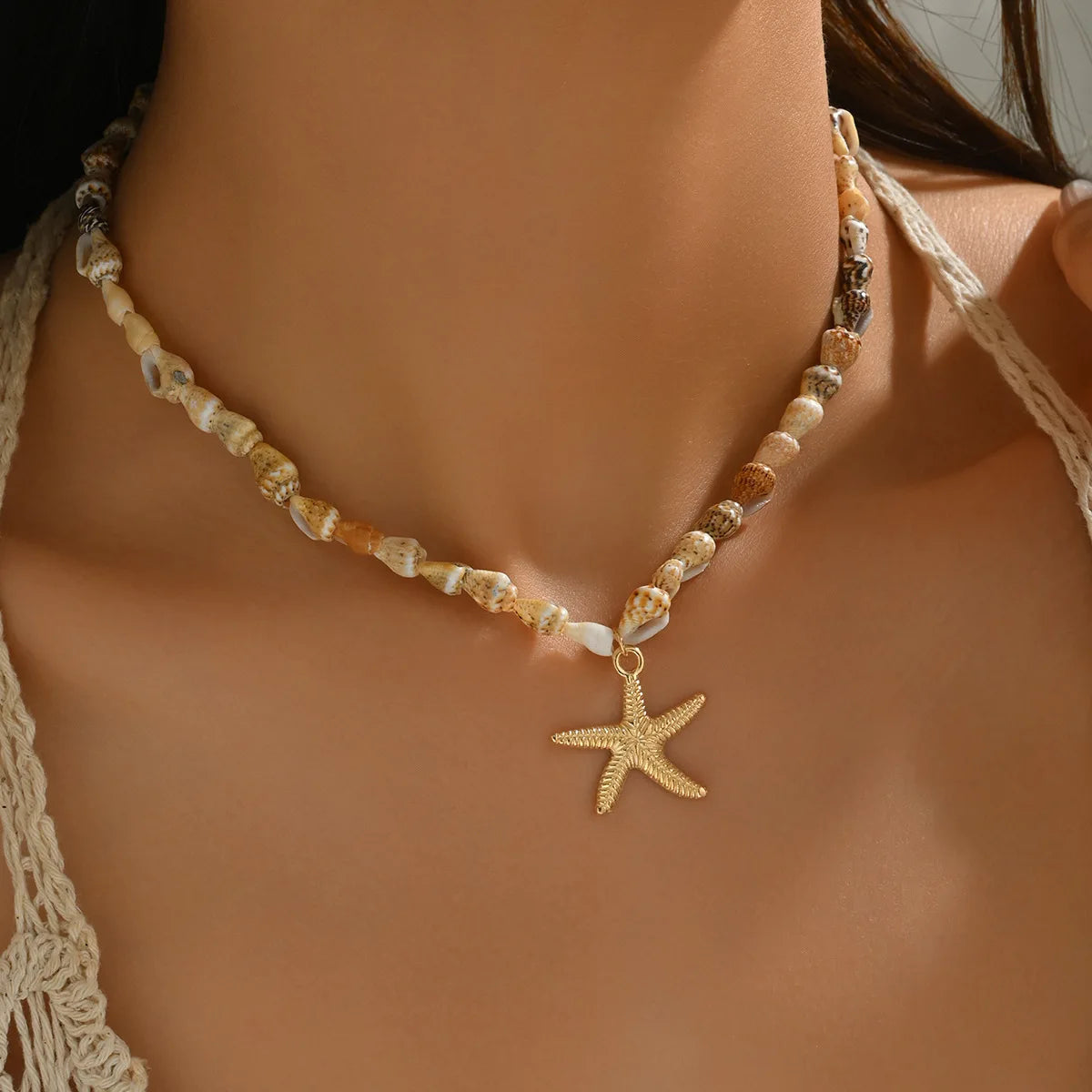 Boho Beach Vacation Starfish Necklace Set for Women Natural Chip Stone Beads Pink White Colorful Summer Y2K Trendy Fashion Jewel