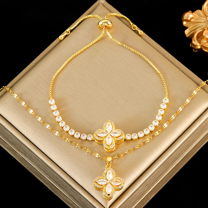 EILIECK New Fashion Stainless Steel Rotating Green Clover Zircon Necklace Bracelet Set For Women Trendy Waterproof Jewelry Gift