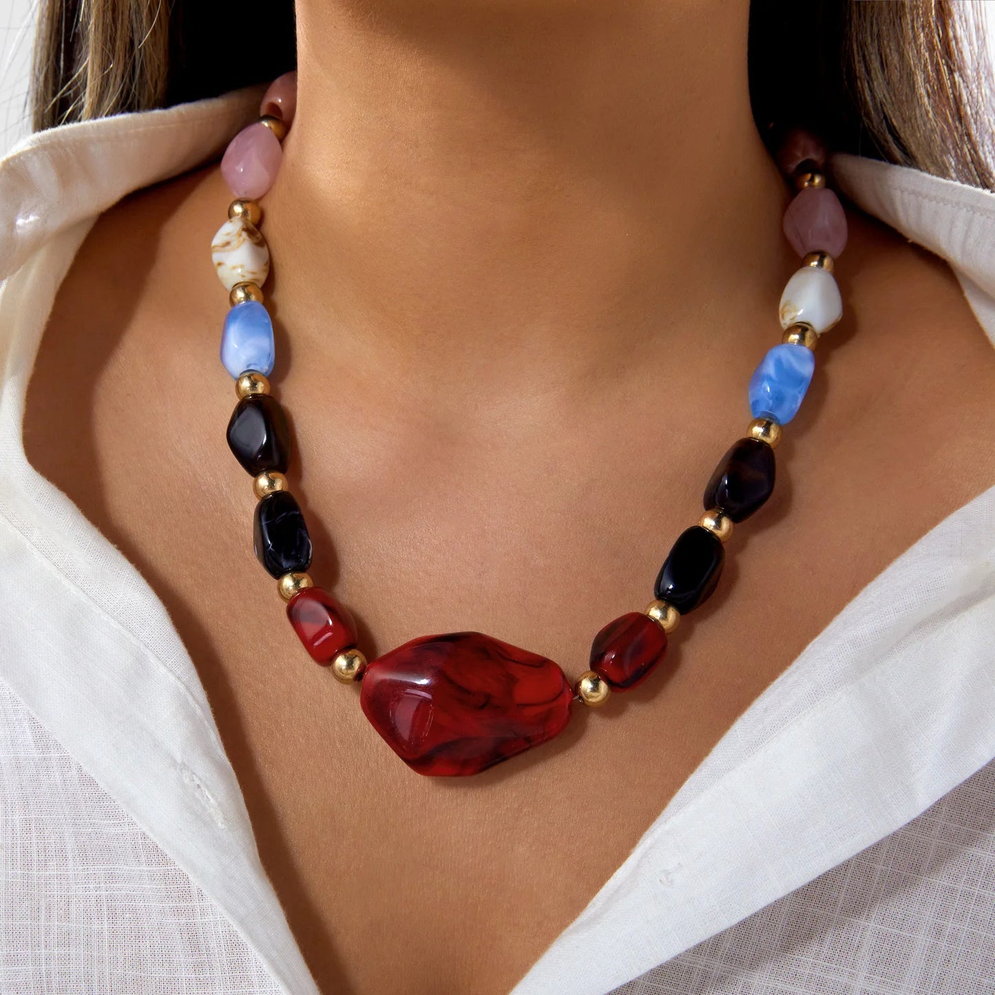 Colorful Irregular Resin Beaded Heart Pendant Necklace for Women Bohemia Brown Round Adjustable Choker Party Jewelry Gifts