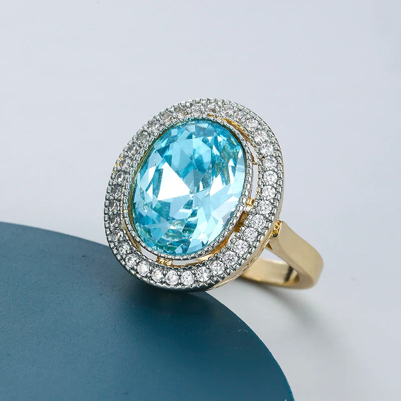 1pc Round Shaped Women Two Tone Ring Gentle Wedding Party Inlaid Brilliant Blue Cubic Zirconia Fashion Party Accessories Jewelry
