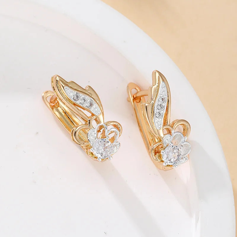Luxury Elegant Full Shiny Zircon Dangle Gold Color Flower Earrings for Women Girl Wedding Party Fine Jewelry Daily Accessories