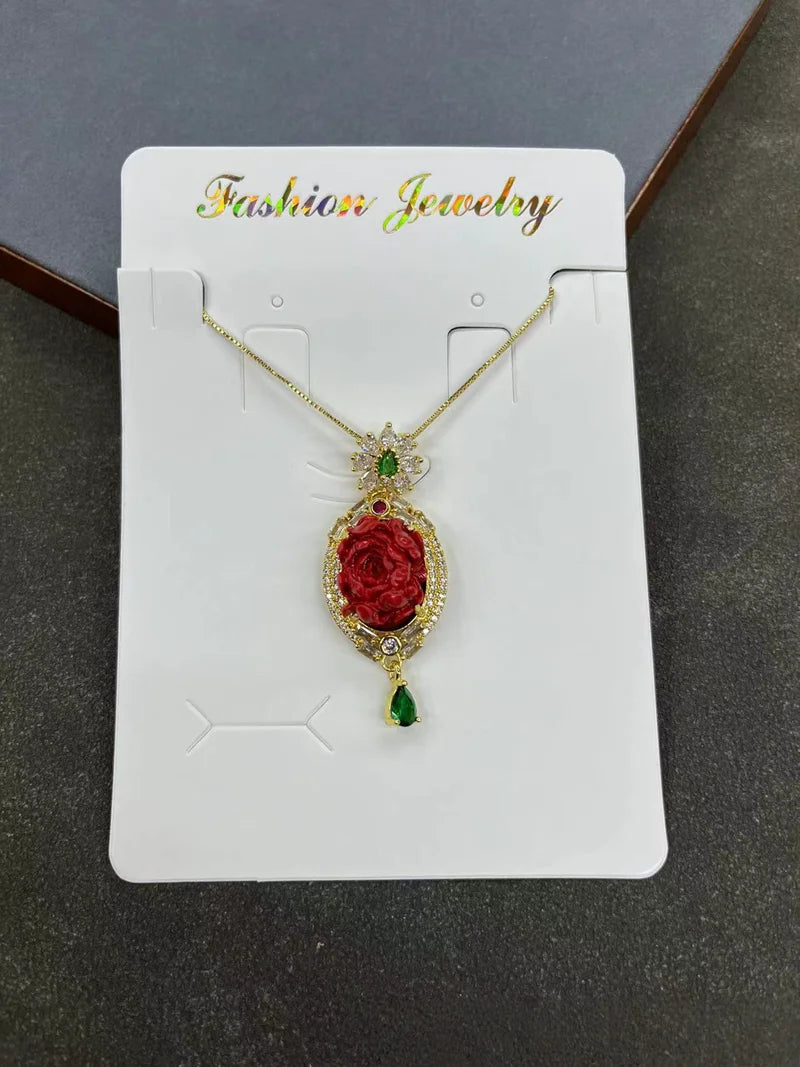 Turkish Natural Tourmaline Crystal Stone Neckalce Jade 3D Peony Flower Pattern Gemstone Pendant Charm Chain Women Lucky Jewelry