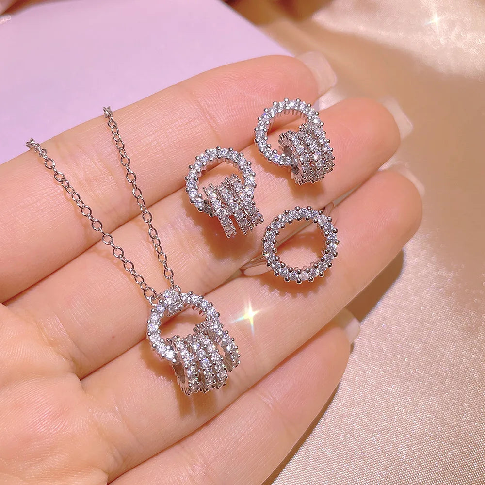 925 Stamp Fashion Celebrity Sparkling Zircon Three Piece Interlocking Jewelry Set Ladies Party Birthday Jewelry Gift