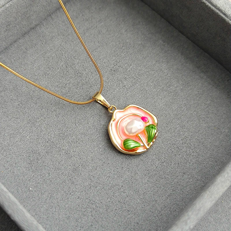 ANENJERY 316L Stainless Steel Colorful Enamel Flower Necklace For Women Temperament Elegant Jewelry Gifts Wholesale Party