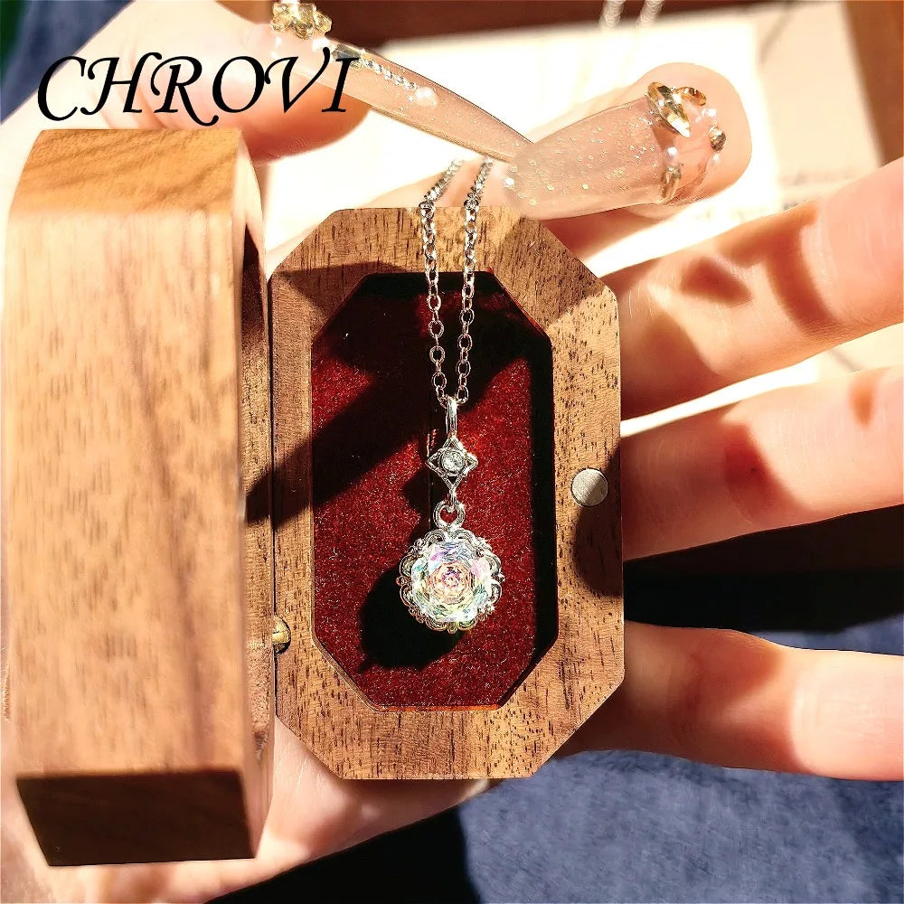 Light luxury 925 sterling silver round rose necklace with dazzling zircon stud earrings and gemstone ring set for women
