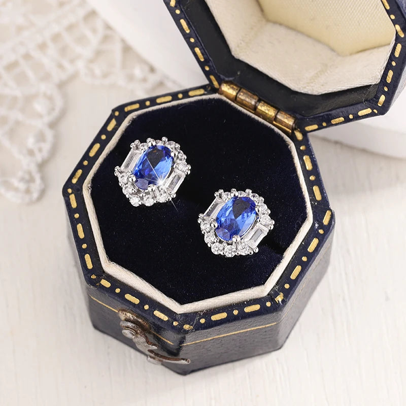 S925 Sliver Plated New Fashion Sapphire Prong Earring For Ladies-High Quality Jewelry Wedding Party Gift