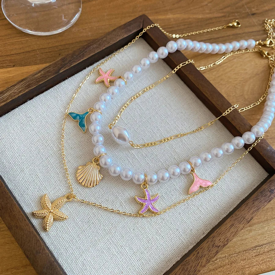 3Pcs Set Trendy Sea Star Shell Pendant Pearl Chain Necklace For Women Boho Charm 2026 New Personalized Neck Jewelry Accessories