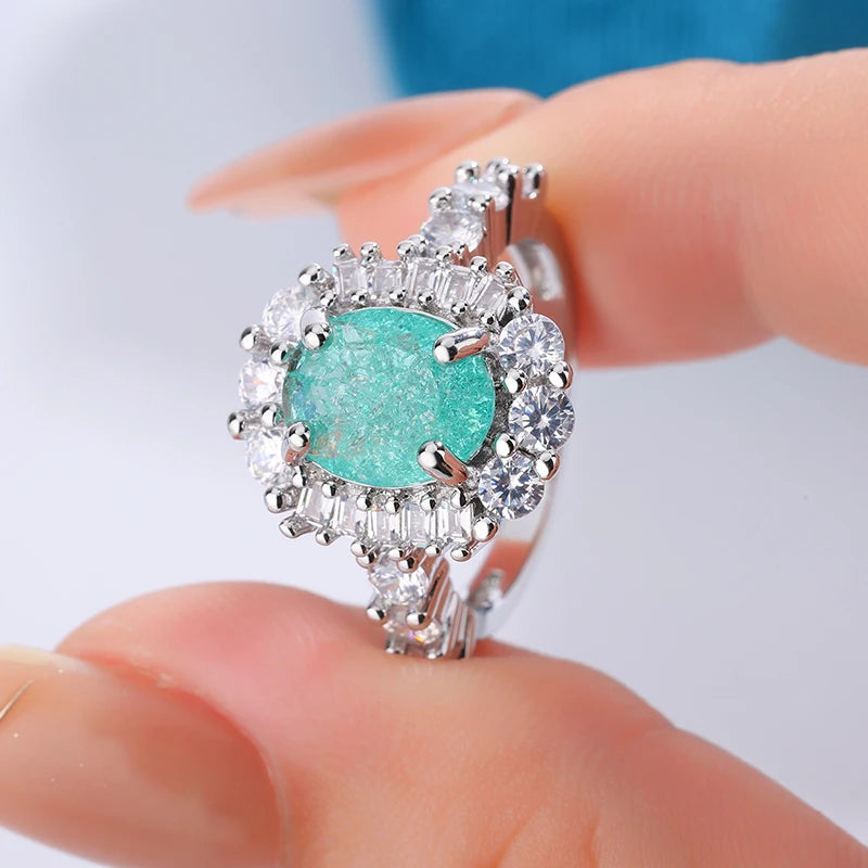 925 Silver Plated Luxurious Paraiba Sapphire Oval Full Diamond Couple Ring For Women Eometric Zirconia Valentine's Day Gift