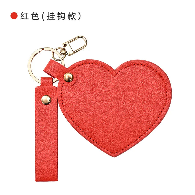 Multi-functional Heart Shape PU Leather Makeup Mirror Creativity Keychain Portable Compact with Chain for Purse Travel Gift