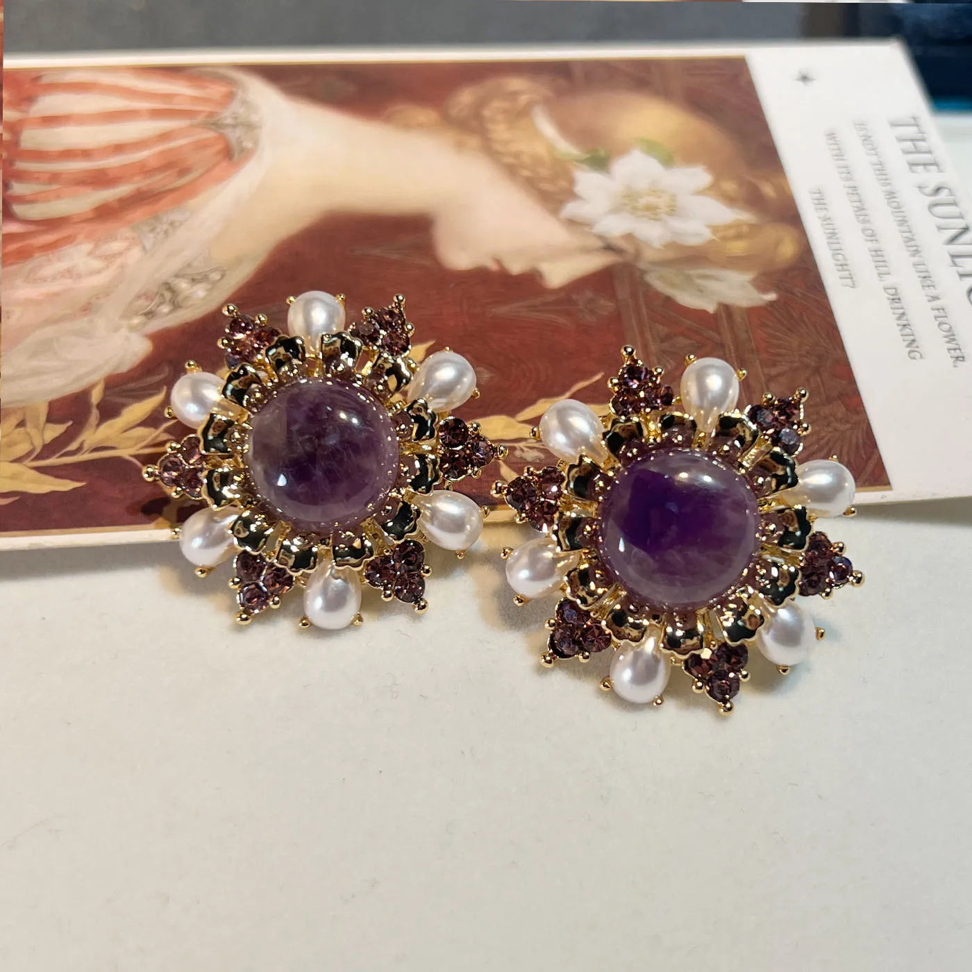 NISHIZAWA Amethyst Turquoise Earrings for Women Palace Style Geometric Retro Jewelry Fashion Elegant Aretes De Mujer